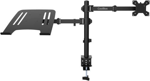 CoolBox MP01 - Soporte Monitor y Portátil, Pantalla hasta 8 kg y 32, Portátiles hasta 17, VESA 75x75 y 100x100, Altura, Inclinación y Giro Ajustables, Bandeja Inclinable. Negro