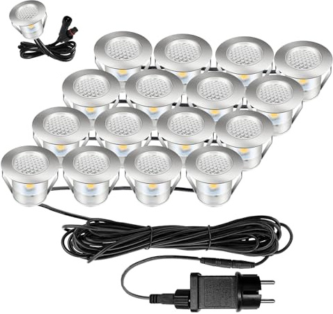 Bigzom Set med 16 infällda spotlights, utomhus, varmvit, mini LED-spotlight, vattentät, IP67, lämplig för utomhustrapppunkt