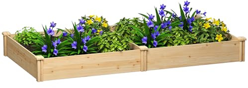 Outsunny Jardinera Elevada de Madera, Huerto Urbano para Cultivar Plantas, Macetero Exterior con Divisor y Base Abierta, Pintura DIY, para Jardín, Terraza, 235x121x26 cm, Natural
