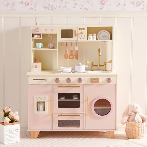 ROBUD Kid Wooden Play Kitchen, Pretend Toy Kitchen Playset for Age 3+ Pink