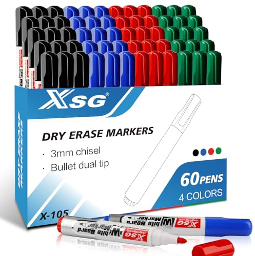 Innehåller whiteboard markörer, 60 markörpennor, torr avtorkningsbar, rund spets 3 mm, 4 färger whiteboard pennor rund spets set perfekt för hem kontor 60-pack