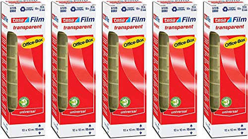 tesafilm® 57370 Klebefilmrollen transparent in praktischer 10 Rollen Office Box, 10m x 15mm (5er Pack = 50 Rollen)