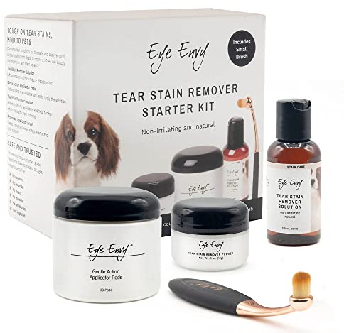 Eye Envy Kit pour enlever les taches de larmes de chien de démarrage avec brosse ProPowder |Solution de teinture, tampons applicateurs, poudre de teinture et petit pinceau applicateur|Dure 30-45 jours