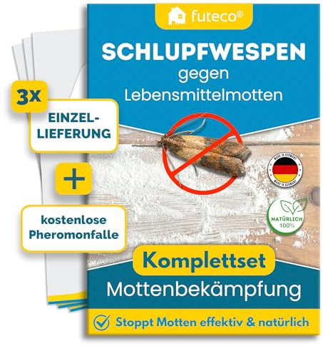 Futeco® - Schlupfwespen gegen Lebensmittelmotten - 3 Karten à 1 Lieferung + 2X Pheromonfalle - Lebensmittel Motten erfolgreich bekämpfen - Alternative zu Mottenspray, Mottenfalle