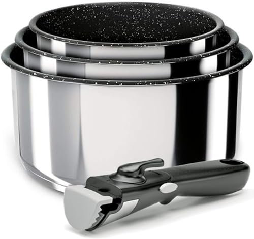 Backen 391504, Set de Casseroles 16,18,20cm, Inox, 4 Pièces, Induction,1 poignée amovible, Compatible lave-vaisselle, Revêtement antiadhésif, Garantie 5 ans.