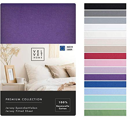 VelvetHome Spannbettlaken 200x200cm 100% gekämmte Baumwolle Made in EU Jersey Bettlaken 200x200 bis 25 cm Matratzenhöhe Spannbetttuch 200x200 Premium Qualität Schönen Farben Aubergine 200 x 200