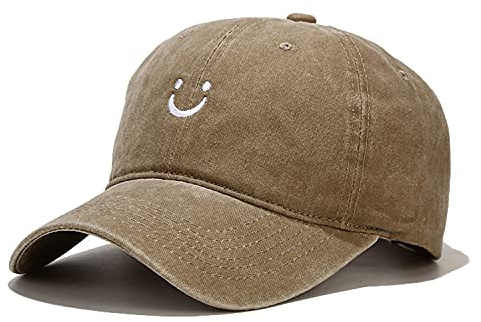 Smile Face Baseball Cap Vintage Distressed Low Profile Unstructured Cotton Dad Hat Adjustable for Women Men (Retro Khaki)