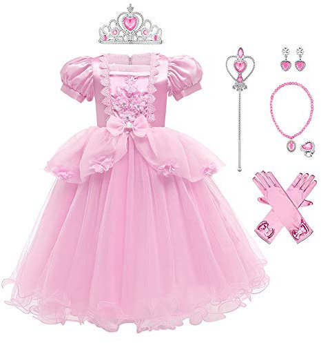 IWEMEK Filles Cendrillon Costume Princesse Robe Longue en Tulle + Accessoires Ensemble Conte De Fées Cosplay Halloween Carnaval Costume Noël Anniversaire Fête Enfants Déguisements Rose Set 3-4 Ans