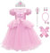 IWEMEK Filles Cendrillon Costume Princesse Robe Longue en Tulle + Accessoires Ensemble Conte De Fées Cosplay Halloween Carnaval Costume Noël Anniversaire Fête Enfants Déguisements Rose Set 3-4 Ans