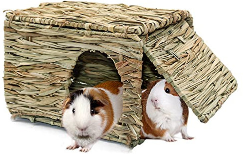RANYPET Großes Grashaus für Meerschweinchen - Natürlich Getrocknetes Gras Heuhaus, Faltbare Betthütte mit doppelten Öffnungen Spielhaus für Meerschweinchen, Chinchilla, Frettchen