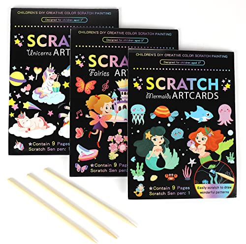 Xijuer 3 Set Scratch Art Notes per Bambini, Unicorno/Sirena/Principessa Magic Scratch Book con matite in Legno, Pittura Artistica Fai da Te - Regali per Bambini