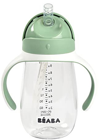 Béaba Biberon/Tasse d'apprentissage 2 en 1, Tasse Paille Enfant, 100 Pour cent étanche, Anti-fuite, Facile à Ouvrir, Poignées amovibles, Tritan et Silicone, 300 ml, Vert Sauge, 1 Unité