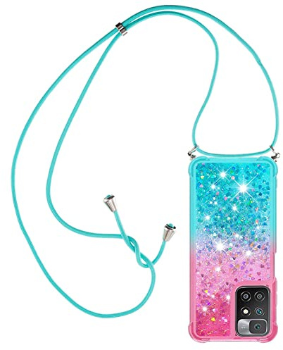 Paekear Halsband för Xiaomi Redmi 10 silikonskal, flytande glitterflickor, kvinnor, axelremsfodral, gnista och snodd med justerbar snodd ficka, rosa och blå