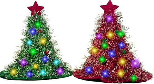 BUNVICK Juego de gorros navideños de varias piezas con 30 luces LED de colores, sombrero decorativo para árboles de Navidad para(2 Piece Set)