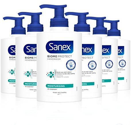 Sanex Expert Skin Health Moisturising Liquid Hand Wash 250ml x 6, Sensitive Hand Wash, Sls Free, Locks in Natural Moisture, Hand Wash to Protect Microbiome, Prebiotic and Postbiotic Complex
