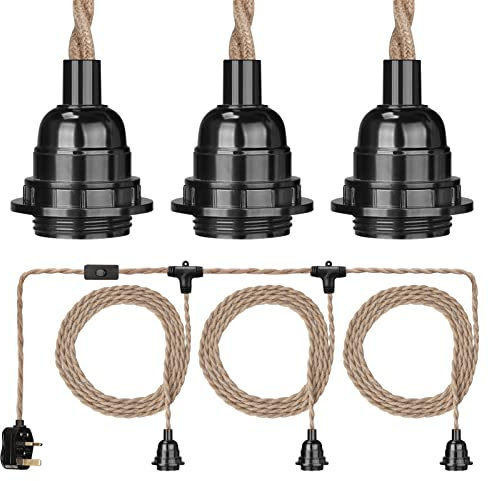 Teynewer 6.7m Pendant Light Ceiling Lighting Fitting with 3 E27 Base Socket Lamp Holder Suspended Kit with Plug in Cord Hemp Rope Pendant Lights Rustic Hanging Lamps with On/Off Switch-UK Plug