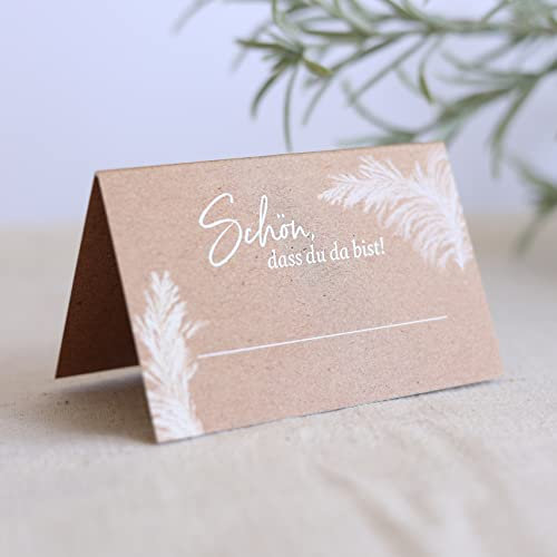 50 Tischkarten Boho Kraftpapier Design I Hochzeit oder Taufe I Platzkarten zum Selbst beschriften mit Text Schön dass du da bist I edle Sitzkarten