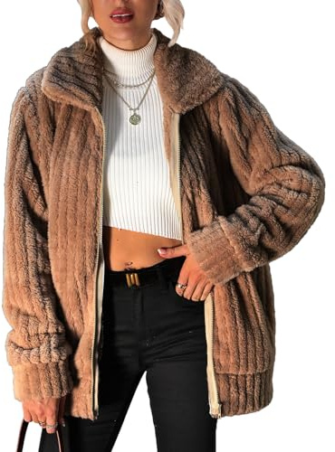 Vipwest Women's Fuzzy Fleece Jacket Women 2026 Fall Winter Zipper Long Sleeve Sherpa Coats with Hood (Khaki, 4X-Large)