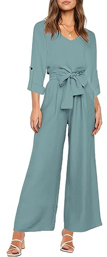 Traje casual de 2 piezas para mujer Camiseta sin mangas de manga larga Pantalones de cintura alta con bolsillo Pantalones y blusa Haze azules S