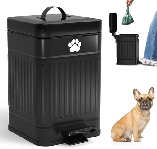 Pupzle Small Dog Poop Trash Can Outside, 1.3 Gal Metal Dog Waste Trash Can, Small Poop Bucket Outdoor with Lid, Poo Container Bin Waterproof Backyard Odor Control, 30 Bags (Black)