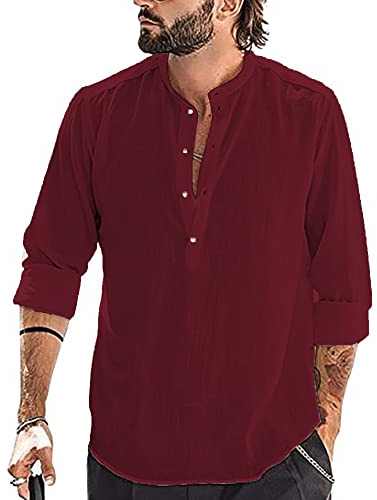 YAOBAOLE Camisa de lino para hombre de manga larga verano Mao casual Henley Camisetas de playa clásica, rojo intenso, M