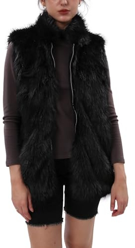 Amazhiyu Chaleco de piel sintética para mujer, chaleco de piel sintética con bolsillo, chaqueta de invierno con cuello redondo y cremallera, cárdigan cálido de felpa para exteriores