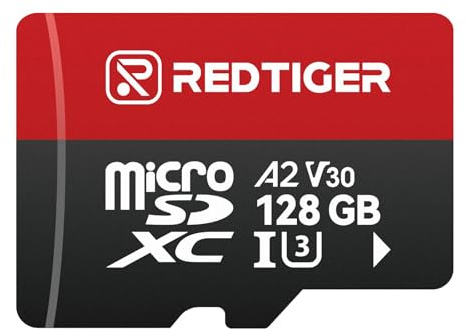REDTIGER 128 GB höghastighets Micro SD-kort med adapter, UHS-I klass 10 microSDXC, U3, V30 A1, stöd för inbyggd kamera och 4K-videoinspelning