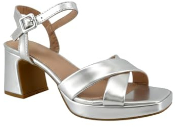 MODELISA - Sandalia Tacón Ancho Acabado Metalizado Hebilla Pulsera Tobillo Boda Mujer (Plata, Sistema tallas calzado EU, Adulto, Mujer, Números, mediano, 36)