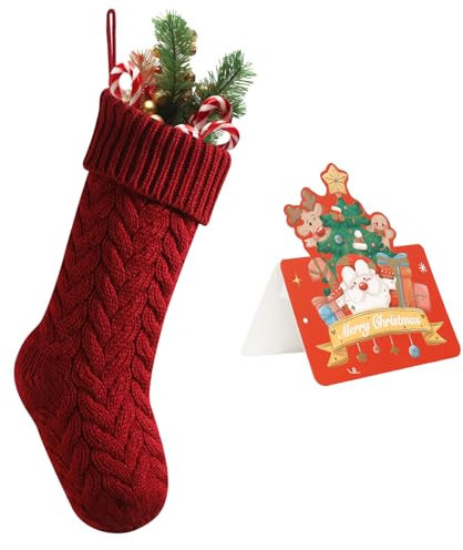 meioro Calze di Natale con biglietto d'auguri, 46cm/18in Calza di Natale a maglia larga, Calza di Natale da Appendere al Caminetto per le Decorazioni Delle Feste di Famiglia (Rosso, 1 Pack)