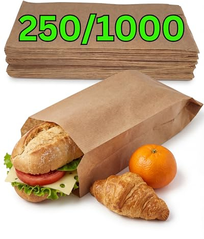 Loxato 250 Sacchetti Carta per Alimenti - Sacchetti Pane Carta Kraft - Buste Alimentari, Confetti, Biscotti Marrone 12x5x27cm