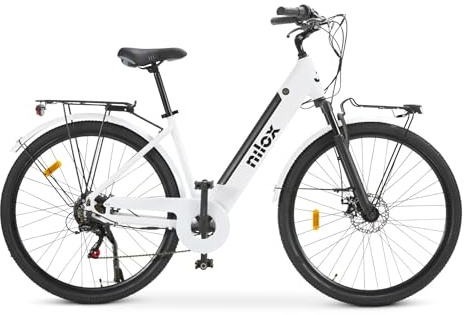 Nilox, Ebike J7, Bicicleta eléctrica, hasta 80 km de autonomía, Motor de 36 V/250 W y batería extraíble de 36V-13 Ah, neumáticos de 28 x1,75, Caja de Cambios de 6 velocidades, Color Blanco