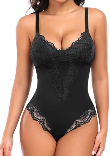 UMIPUBO Body Gainant Femme Ventre Plat Body Sculptant Femme Amincissante Gainant Corset Dentelle Col V Shapewear Lingerie Réglable Strap Combinaison Minceur Bodysuit (Noir, XL)