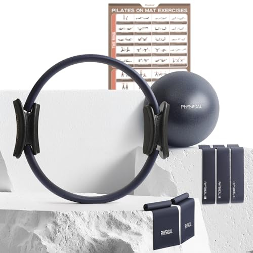 PhysKcal Pilates Kit, 15-tums pilatesring med 1 x kärnboll, 3 x resistenta öglor och 2 x flexband, hem pilates på matta Essential Kit