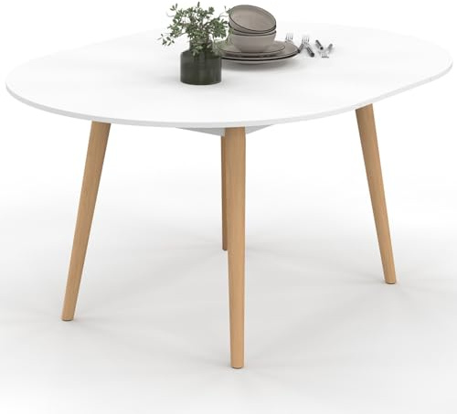 IDMarket - Table à Manger Ronde Angela 6-8 personnes Blanc pied Bois 110-150 cm