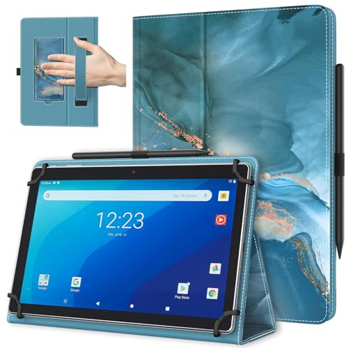 TiMOVO Custodia Universale per Tablet Android 10,1 Pollici con Anello per Penna, Cover Leggera e Pieghevole in Piedi con Cinghia a Mano per Tutti i Tablet Touchscreen da 9,6-11Pollici, BluPavoneSetoso