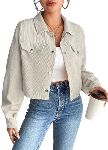 YUTILA Veste en velours côtelé pour femme - Veste courte en Corduroy avec boutonnière - Manches longues - Veste demi-saison pour les loisirs