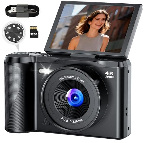 Digitalkamera 4K Kamera Fotokamera 56MP: 3 Zoll 180° Flip-Bildschirm Digital Kamera with Moduswahlrad für Vlog - Vintage Fotokamera Kinder - Geschenke für Teenager Junge Mädchen 8-16 Jahre Schwarz