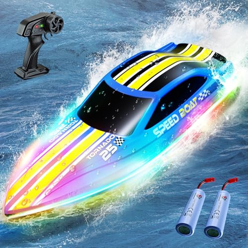 PENGBU RC Barco Teledirigido 2,4 GHz Con 7 Modos De Luz LED, Lancha De Velocidad Con Motor Doble Y Función Anti-Vuelco, 2 Baterías Incluidas, Juguetes De Piscina Para Niños