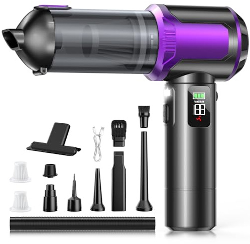Aspirador de Mano, 17000Pa Aspirador Sin Cable, Descarga de Polvo con un Solo Toque, 3 Niveles Motor Sin Escobillas 4 en 1 Aspirador Coche con Pantalla HD/Iluminación LED/Carga Rápida, Negro & Morado