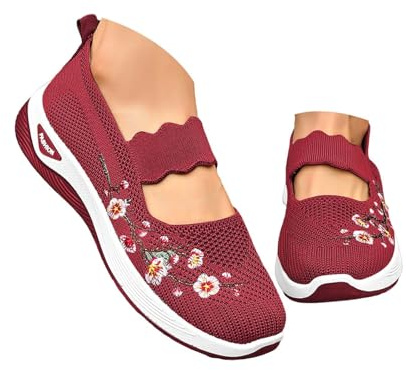 Ortopediska skor för kvinnor sommar med nät broderade tofflor lättviktiga slip-on sport ortopediska tofflor andningsbara halkfria fotvalvsstöd sandaler promenader, Röd röd, 38 EU