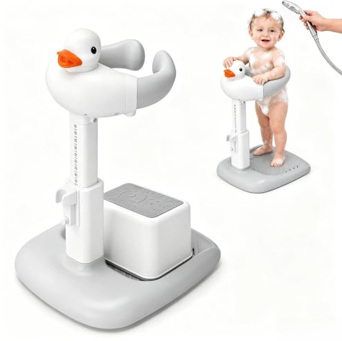 Support de Douche Bébé Réglable 45-63cm, Support Baignoire Bébé avec Tabouret & Base Antidérapante, pour Bain et Change
