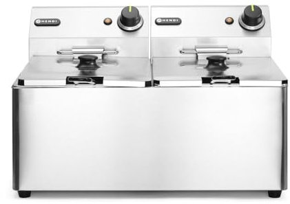 HENDI Freidora eléctrica, T ajustable hasta 190°C, termostato de seguridad, zona fría, con tapa y cesta de freír, tanque de aceite extraíble, 2x8L, 230V, 7000W, 550x430x(H)345mm, acero inoxidable
