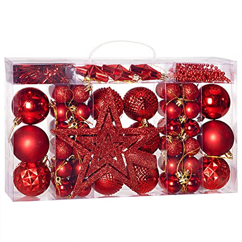Deuba® Weihnachstkugeln 66tlg Ø 3-6cm Kunststoff matt glänzend Christbaumkugeln Christbaumschmuck Anhänger Weihnachtsbaumkugeln Weihnachtsdeko Rot