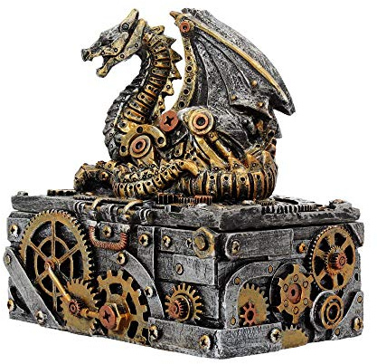 Nemesis Now Steampunk Dragon Trinket Box 18.5cm – Secrets of the Machine Decorative Storage Box – Gothic Collectible, Silver