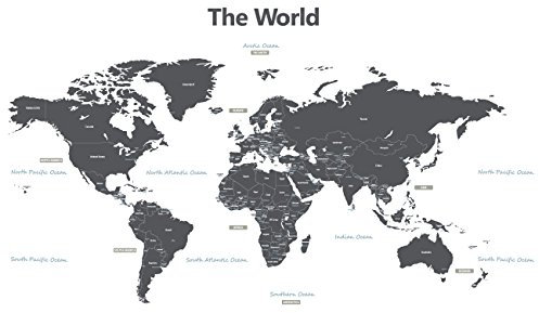 DECOWALL DWL-1609GS Mondo Mappa Moderno Grigio(Medio)(Ver. Inglese) Adesivi da Parete Decorazioni Stickers Murali Soggiorno Asilo Nido Camera Letto