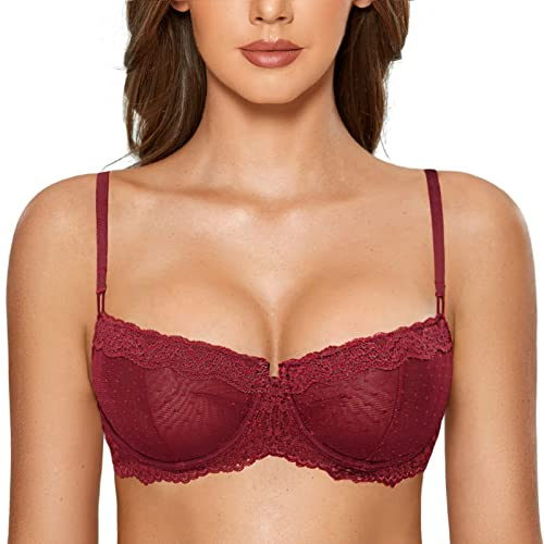 DOBREVA Women's Sheer Lace Bra Underwire Balconette Dark Red 36DD