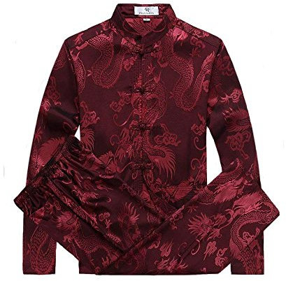 G-LIKE Chinesische Kleidung Tang Anzug - Traditionelle Klassische Kostüme Kampfkunst Kung Fu Tai Chi Qigong Lange Ärmel Drachen Muster Performance Uniform für Männer Frauen (Rot, L)