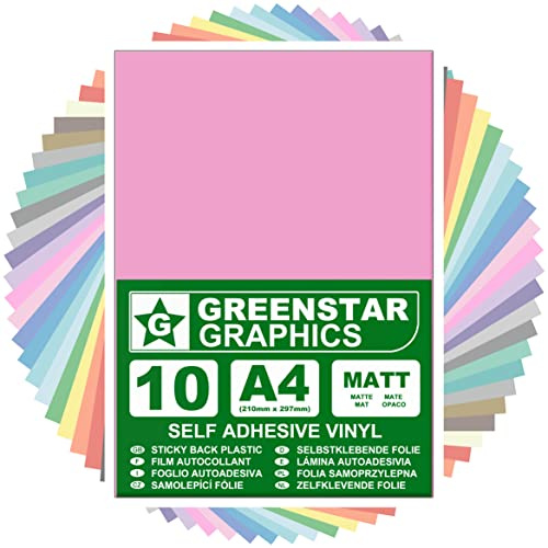 GREENSTAR GRAPHICS MATT A4 STICKY BACK PLASTIC SELF ADHESIVE ART & CRAFT VINYL (10 SHEET PACK). Compatible With 12” Cricut, Silhouette Cameo/Curio/Portrait, Scan N Cut (LIGHT PINK MATT 10 A4)