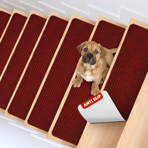 MBIGM 8 X 30 (15 in Pack) Non-Slip Carpet Stair Treads Non-Skid Safety Rug Slip Resistant Indoor Runner for Kids Elders & Pets w/Reusable Adhesive Red Anti-Slip Stair Strips - Washable Stair Treads