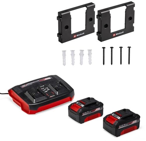 Original Einhell Starter Kit Akku und Ladegerät Power X-Change (Lithium Ionen, 18 V, 2x4,0 Ah Akku und Twincharger, passend für alle Power X-Change Geräte, inkl. Wandhalterung)